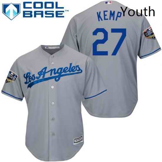 Youth Majestic Los Angeles Dodgers 27 Matt Kemp Authentic Grey Road Cool Base 2018 World Series MLB Jersey
